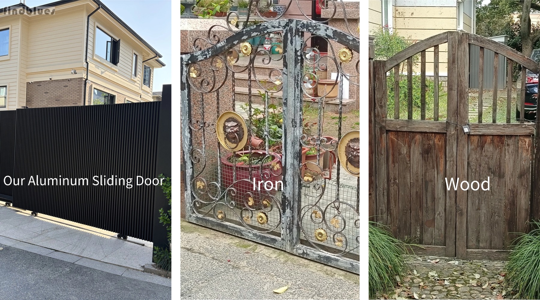 Three gate materials comparison — aluminum, wrought iron, and wood driveway gates side by side