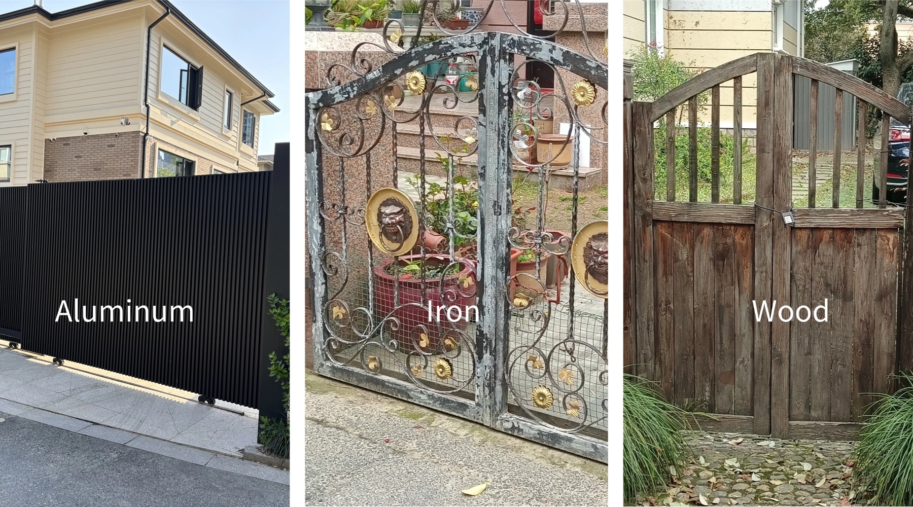 Luxury driveway gate comparison — aluminum vs wrought iron and wood