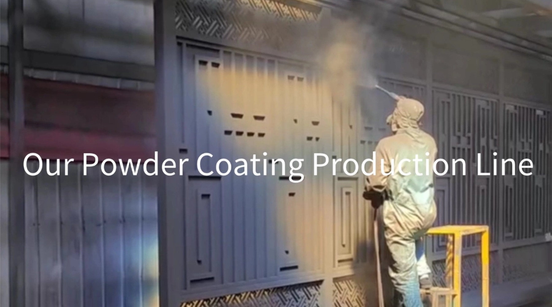 FindBlues production line — aluminum profiles being cut on CNC equipment, TIG welding station, and powder coating line in operation
